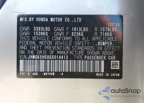 2016 Honda Fit Lx z USA, uszkodzony, nr VIN JHMGK5H58GX014413